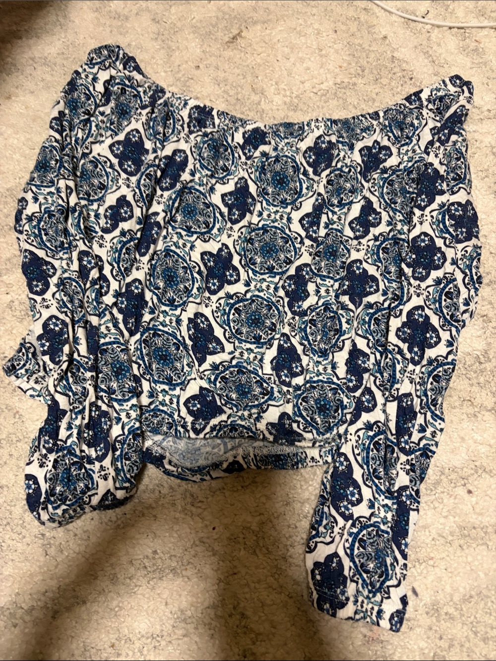 Divided Blue and White Patterned Off-Shoulder Top